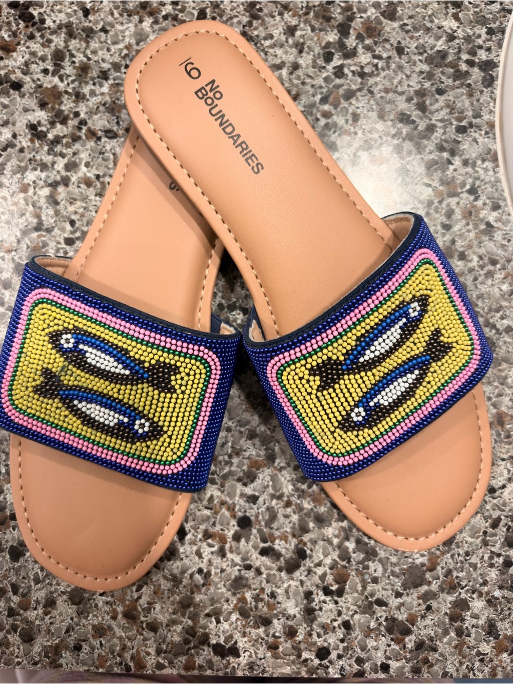 No Boundaries Tan Slide Sandals with Multicolor Beaded Strap